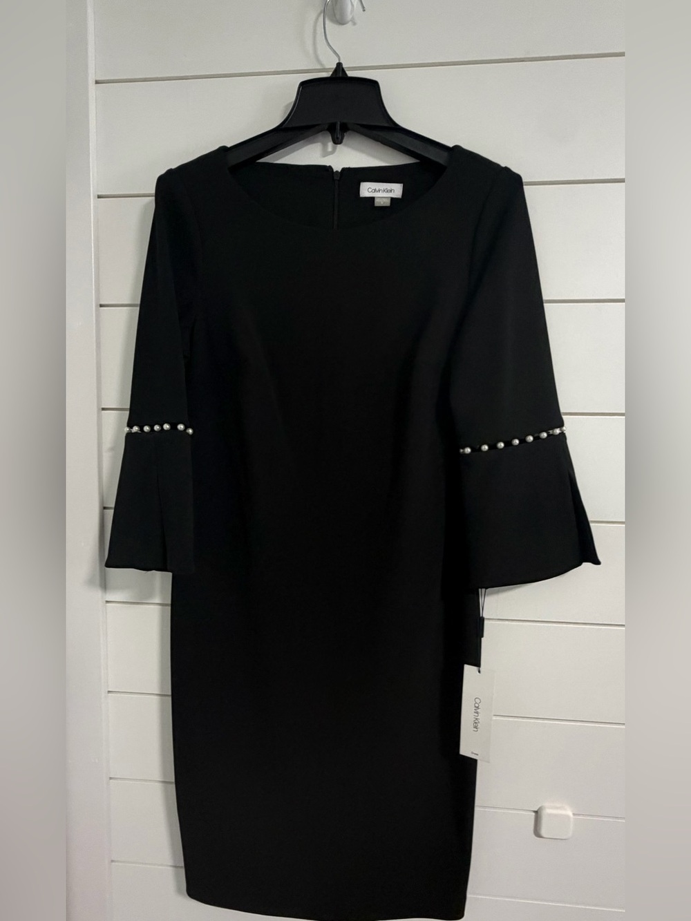 Calvin Klein Black Bell-Sleeve Dress with Pearl Trim